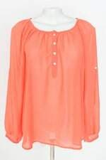 blusa C&A feminina laranja com barra mullet e transparência