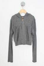 blusa de malha Tng feminina cinza com hotfix e ilhós