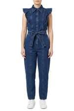 macacão jeans Renner feminino azul com babado e faixa na cintura