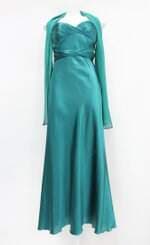 Vestido de Festa de cetim feminino verde com Plissado e echarpe